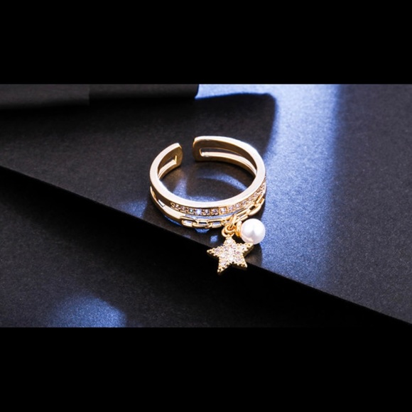 Gold Color Ring for Women Classic Adjustable Imitation Pearl CZ Star Pendant - Picture 5 of 7